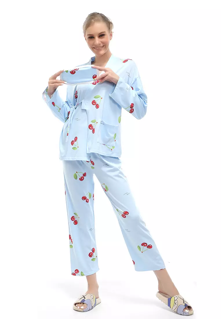 Vance Setelan Piyama Kimono Baju Tidur Wanita Lengan Panjang Motif Cherry Material Cotton ORIGINAL - Blue