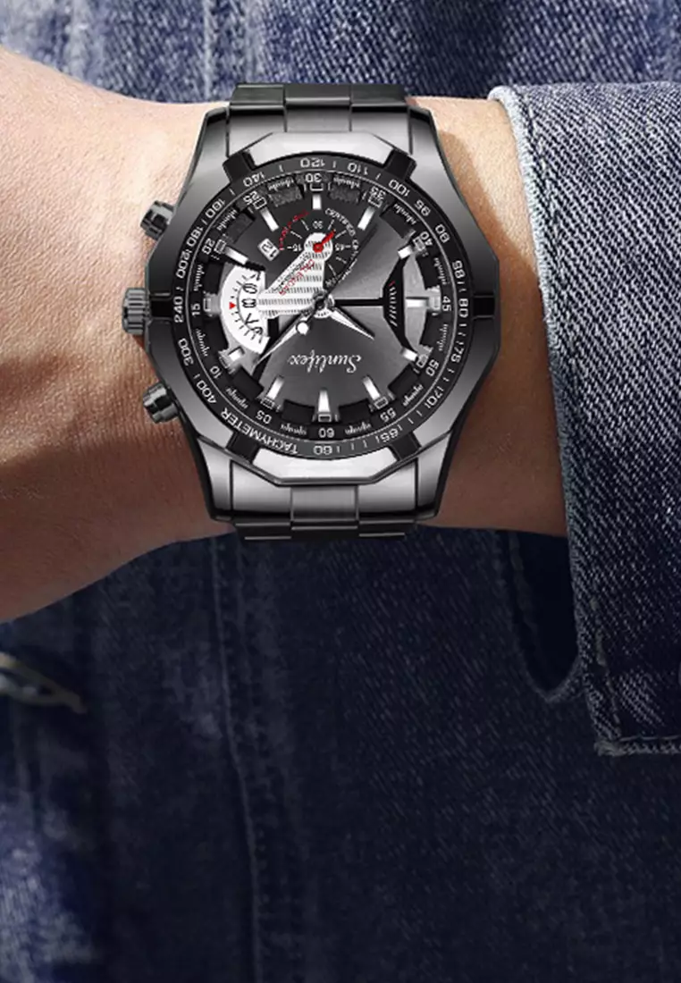 Jam Tangan Pria 9094 Original Kuarsa Kalender Tali Stainless Steel Jam Tangan Cowok(Kotak + Kartu Garansi) allblack