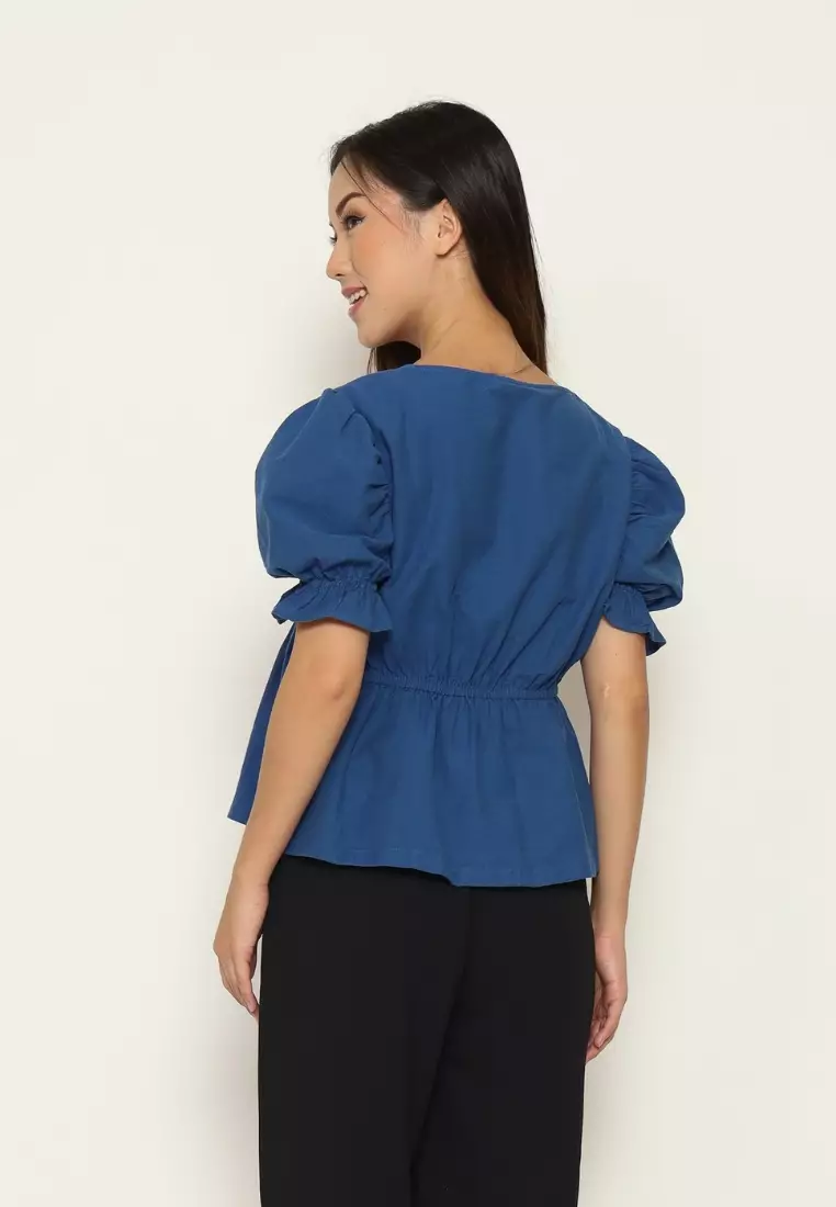 Urban Exchange Ziva Blue Blouse - Atasan Blouse Puff Sleeves Warna Blue
