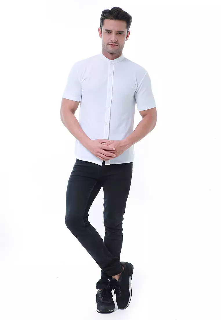 Leopold Atasan Pria Kemeja Kasual Slim Fit Lengan Pendek Motif Polos Material Cotton ORIGINAL - White