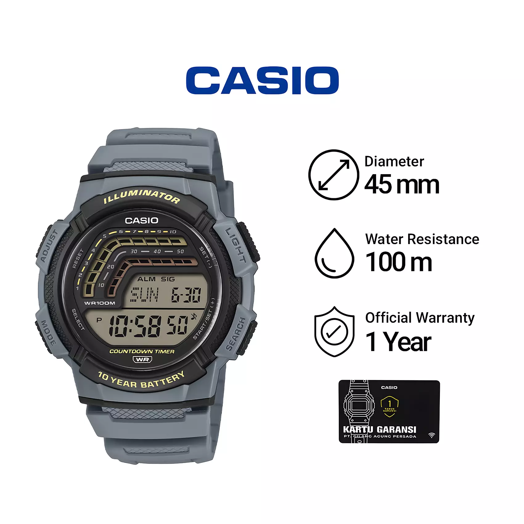Casio Illuminator - Jam Tangan Digital Pria - Grey Resin Case dan Band - WS-1800-2AV