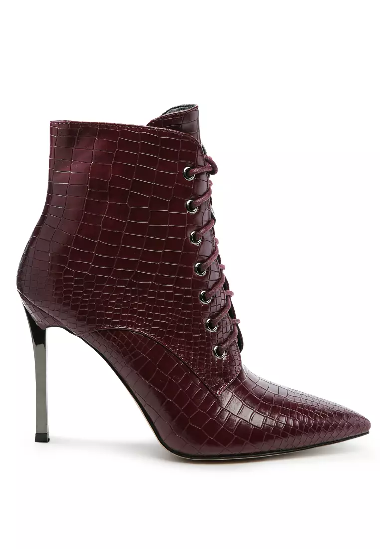 Croc Lace-Up Stiletto Boot in Burgundy