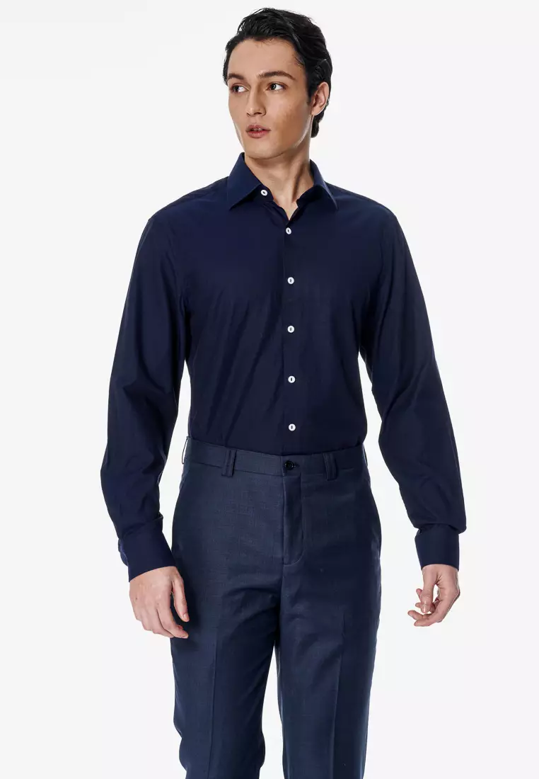 藏青素色織紋標準版長袖襯衫