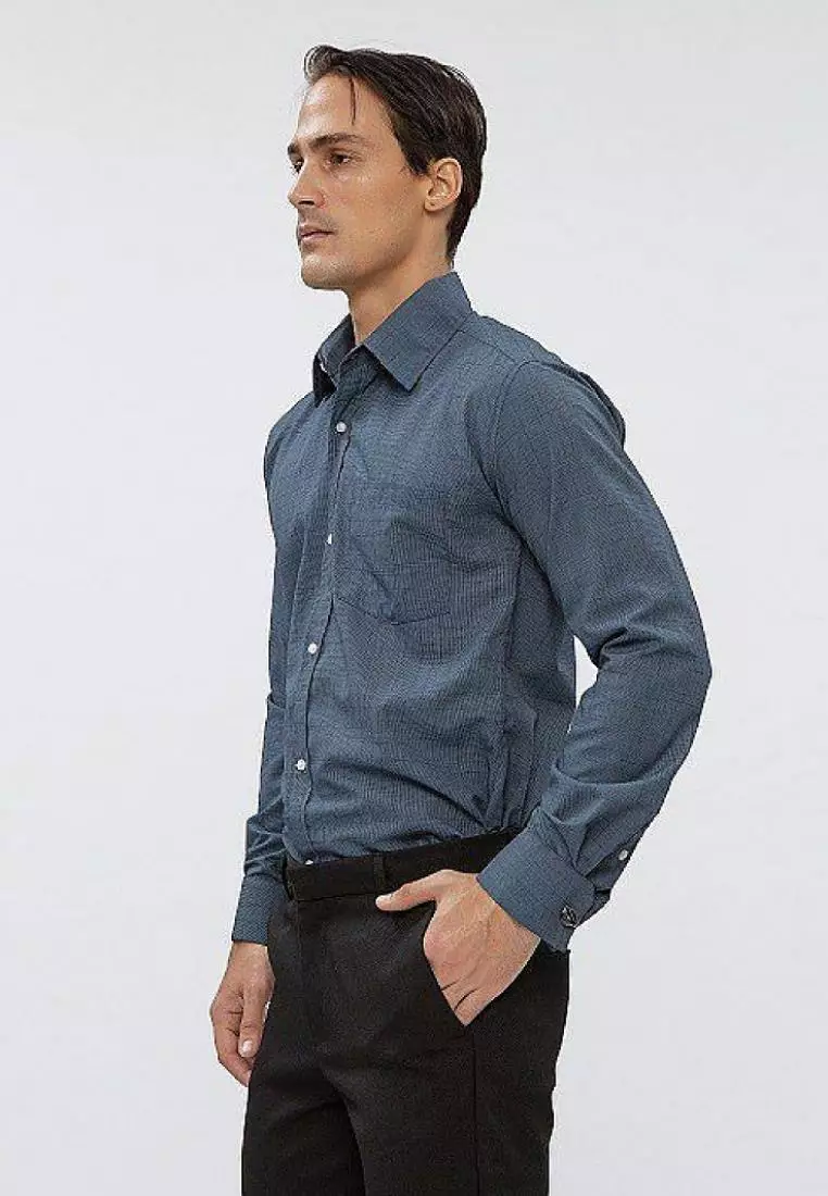 Houseofcuff Kemeja formal Kerja Slim Fit French Cuff Navy Pattern