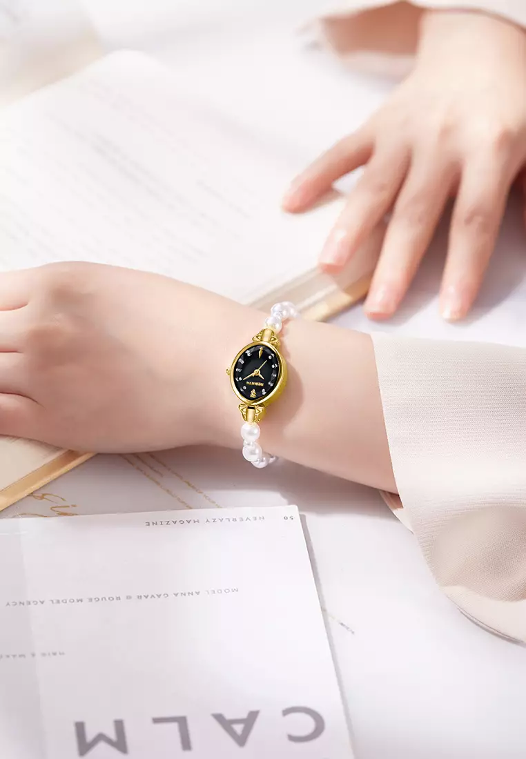 Jam Tangan Wanita Anti Air Original Analog Elegan Anak Perempuan Korean Style Kecil Mutiara Watch Women goldblack