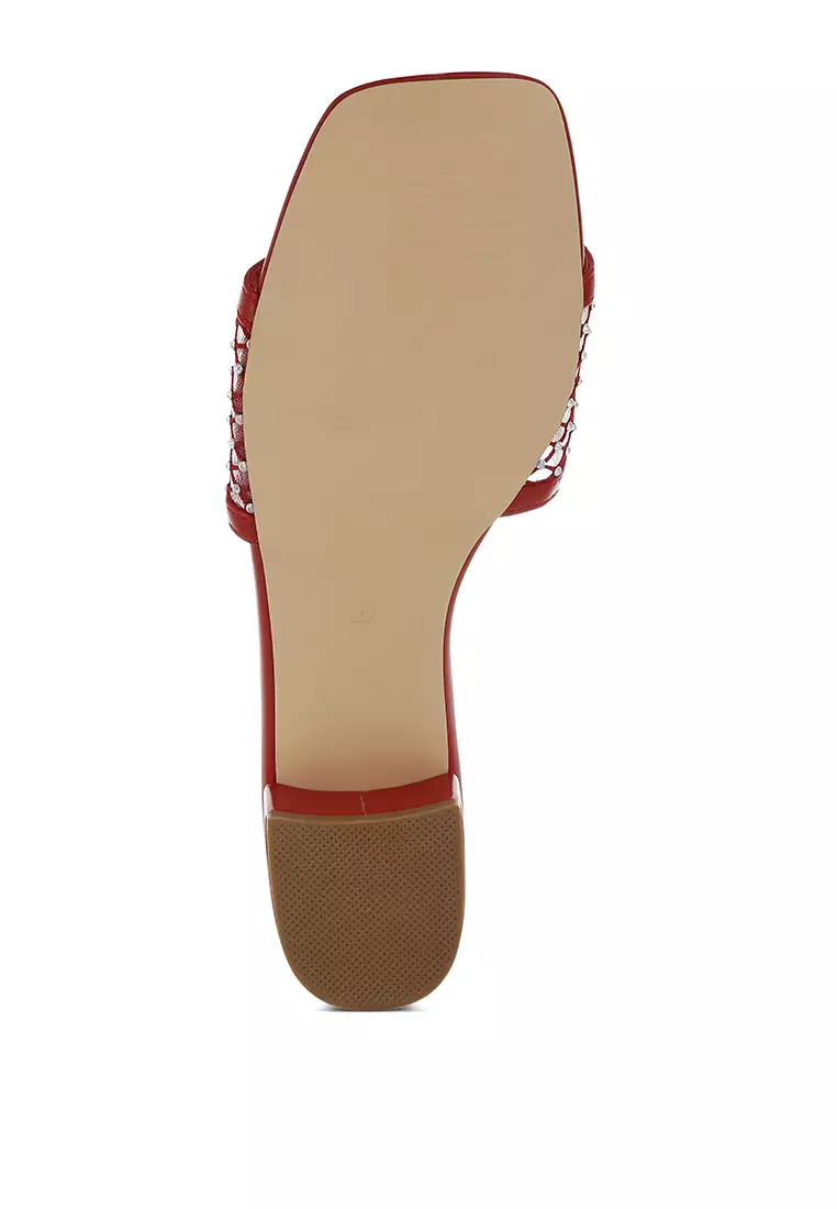 Rhinestone Studded Slip-On Heels In Red