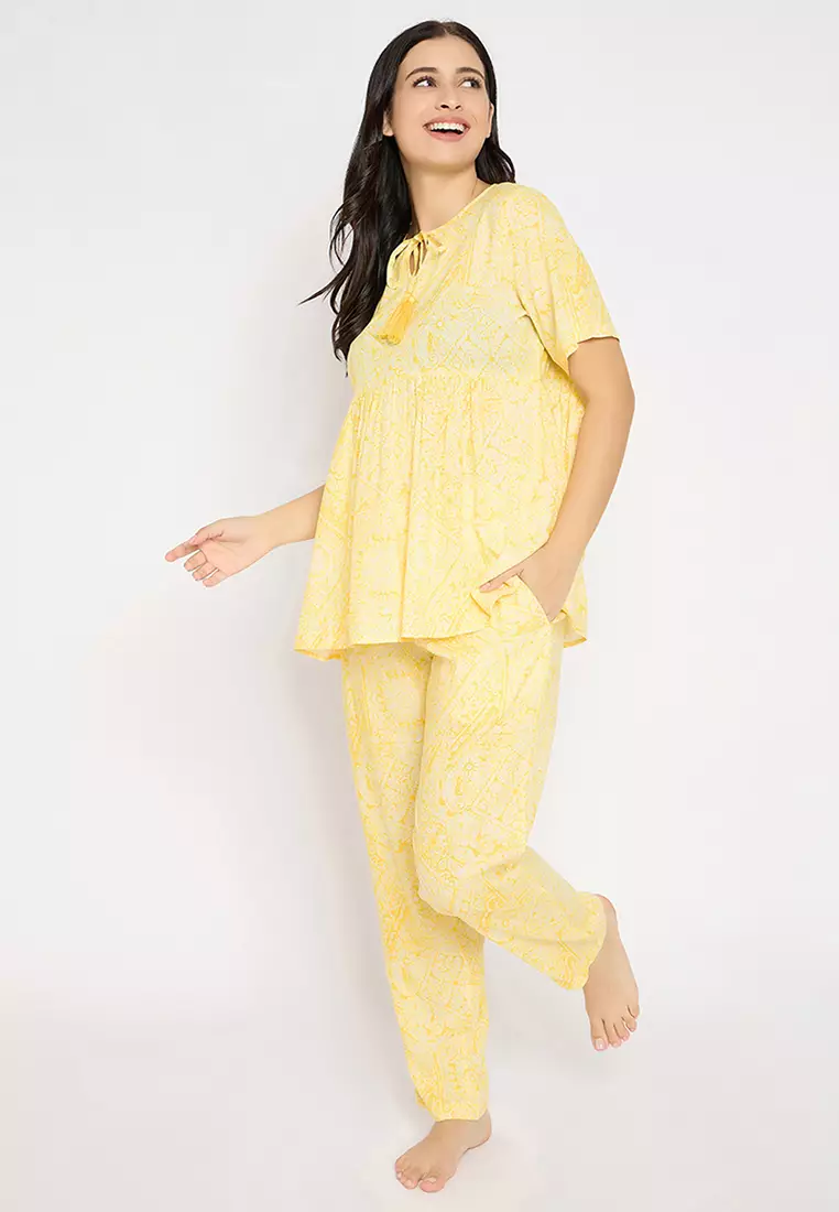 Clovia Printed Peplum Top & Pyjama Set in Yellow - Rayon