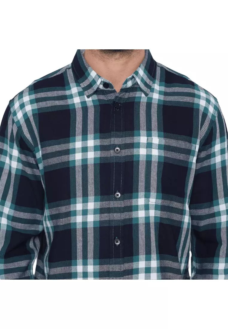 POLICE Kemeja Kotak Twill Hijau Regular Fit Lengan Panjang Pria