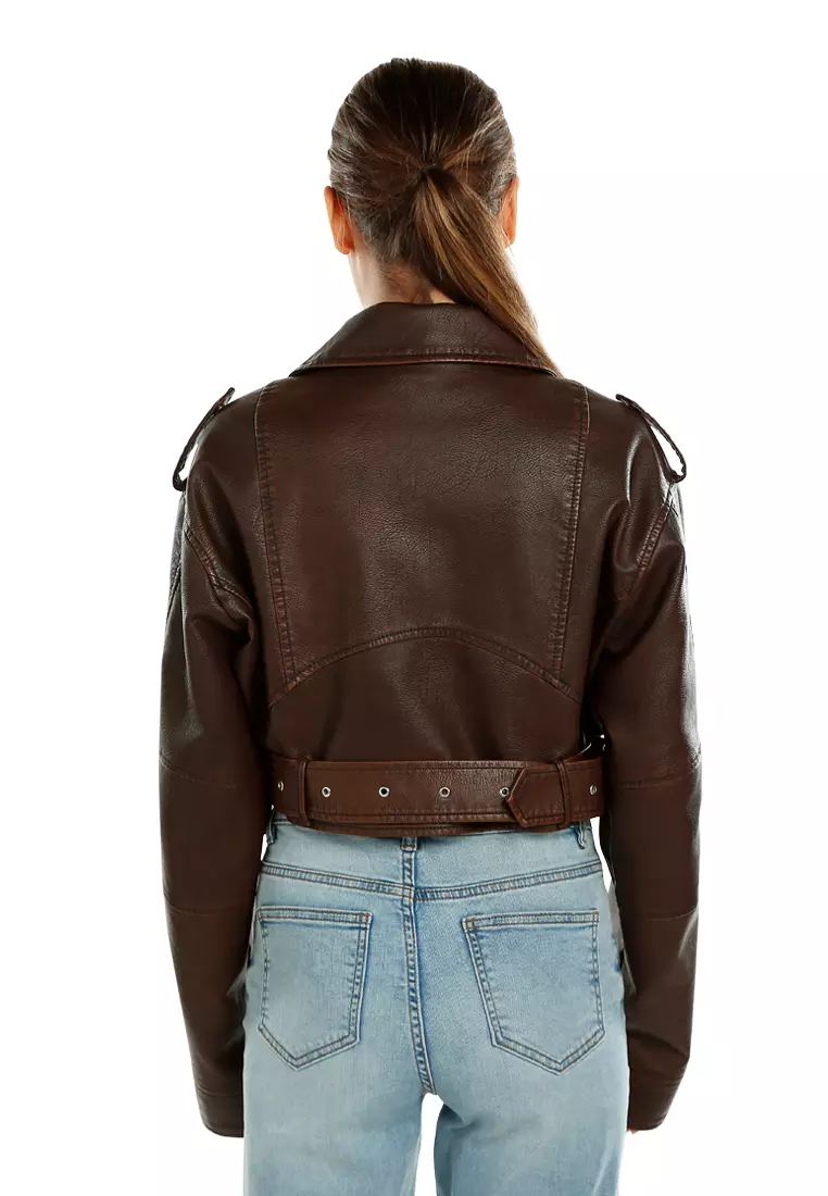 Cropped Biker Jacket in Brown
