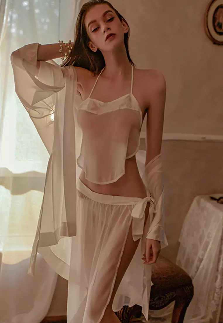 LDZ5063 Lady Sexy Lace Sleepwear Three Pieces Set  White
