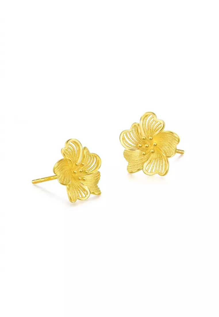 999.9 24K Gold Chinese Wedding Collection Blossom Stud Earrings for Women 95305E