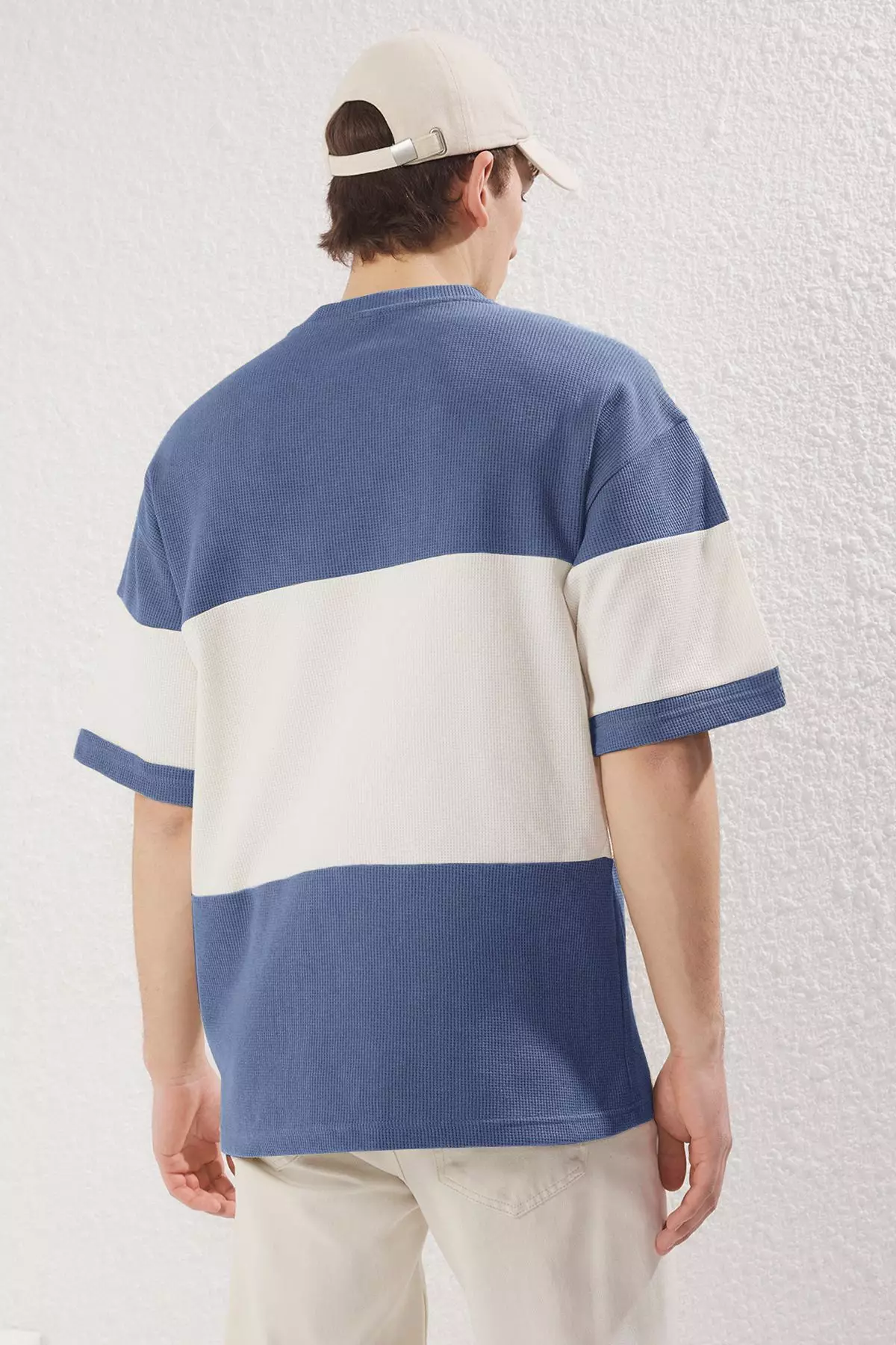 Indigo Oversize/Wide Cut Color Block Textured T-Shirt TMNSS25TS00065