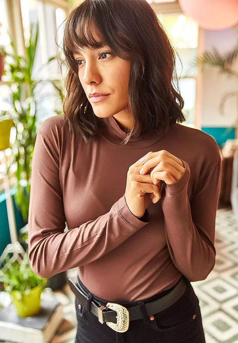 Buy Olalook Plain Bitter Brown Half Turtleneck Lycra Knitted