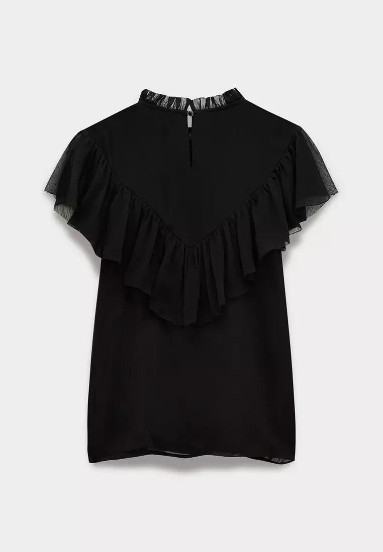 Ruffle Yoke High Neck Blouse - Black