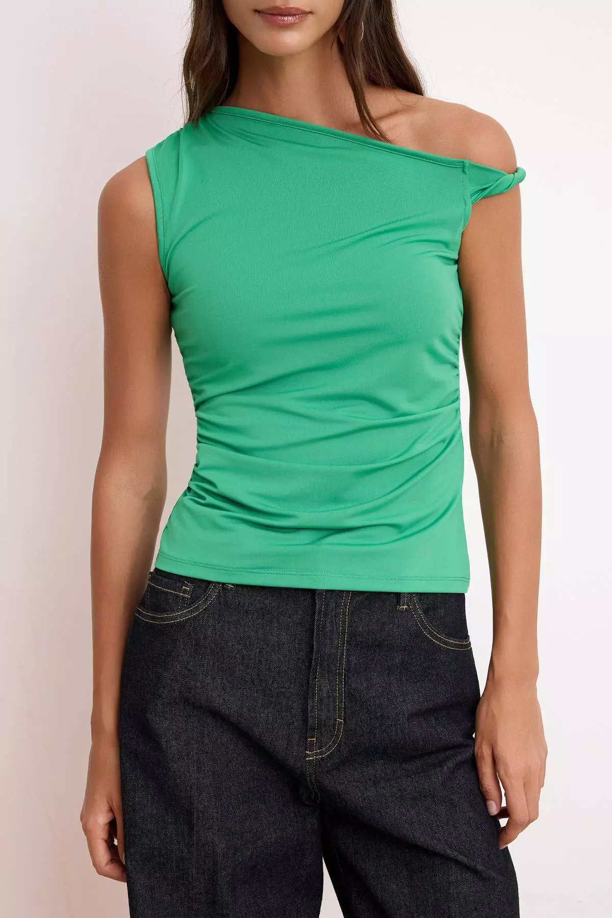 Green Asymmetric Collar Gather/Drape Detail Fitted/Bodycon Knitted Blouse Twoss25Bz279