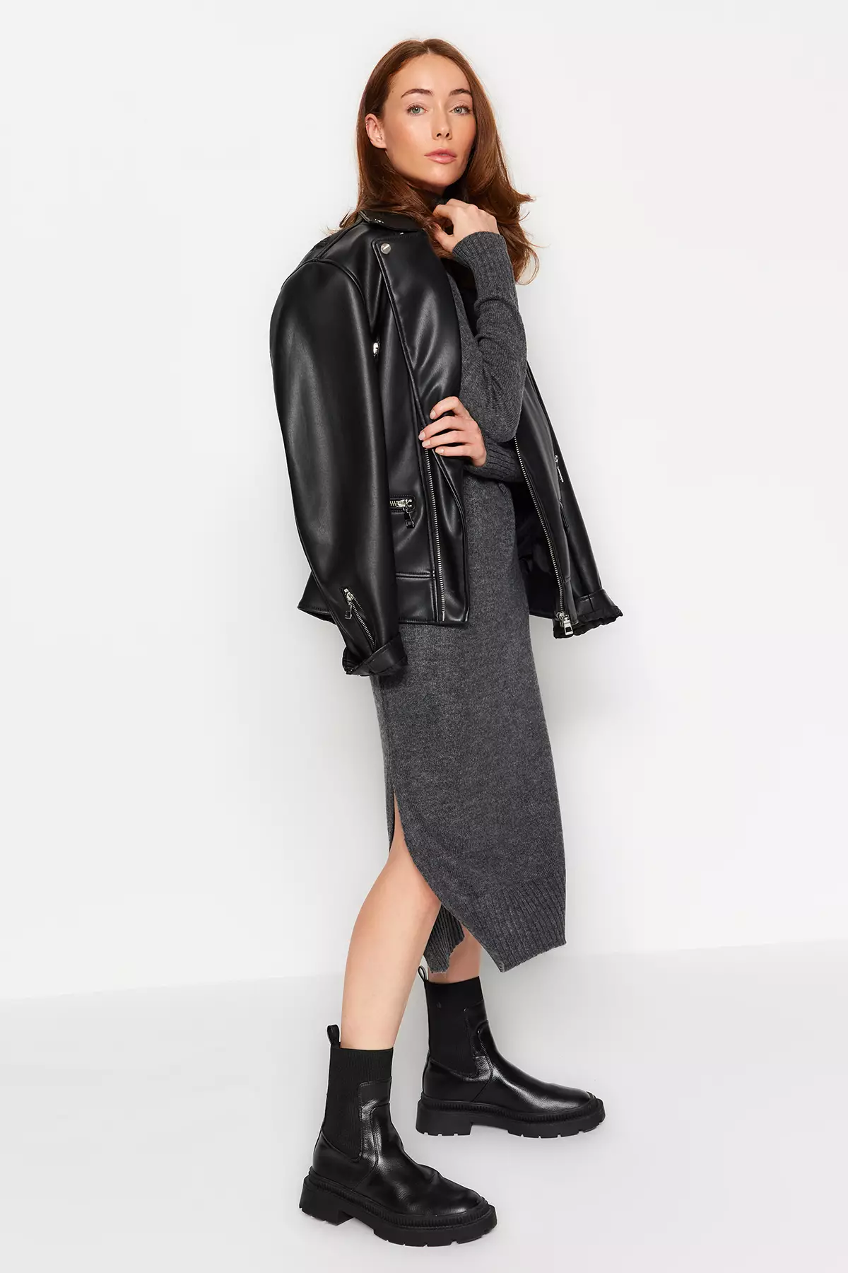 Anthracite Midi Wide Fit Soft Texture Knitwear Dress