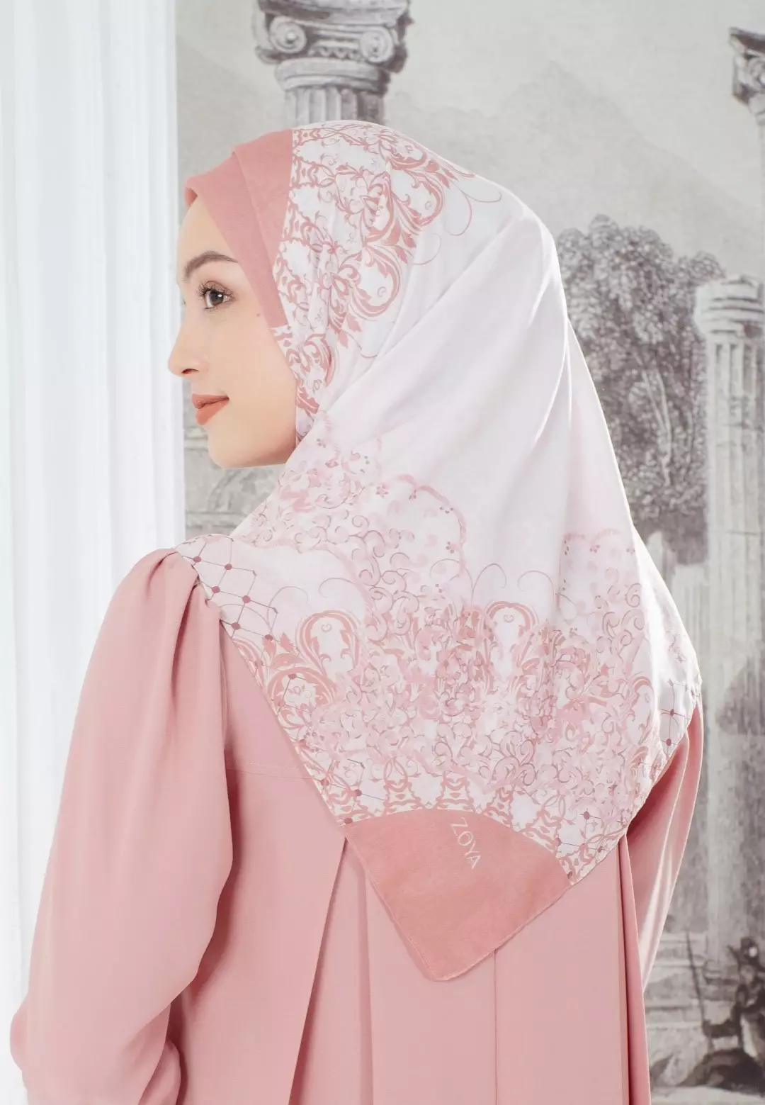 FUGY Scarf Peach - Kerudung Hijab Segiempat Motif With BOX - Bahan Voal Premium - Ukuran 115x115