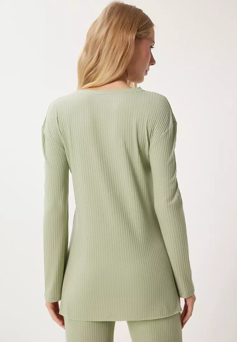 Comfortable Ribbed Knitted Blouse Trousers Set