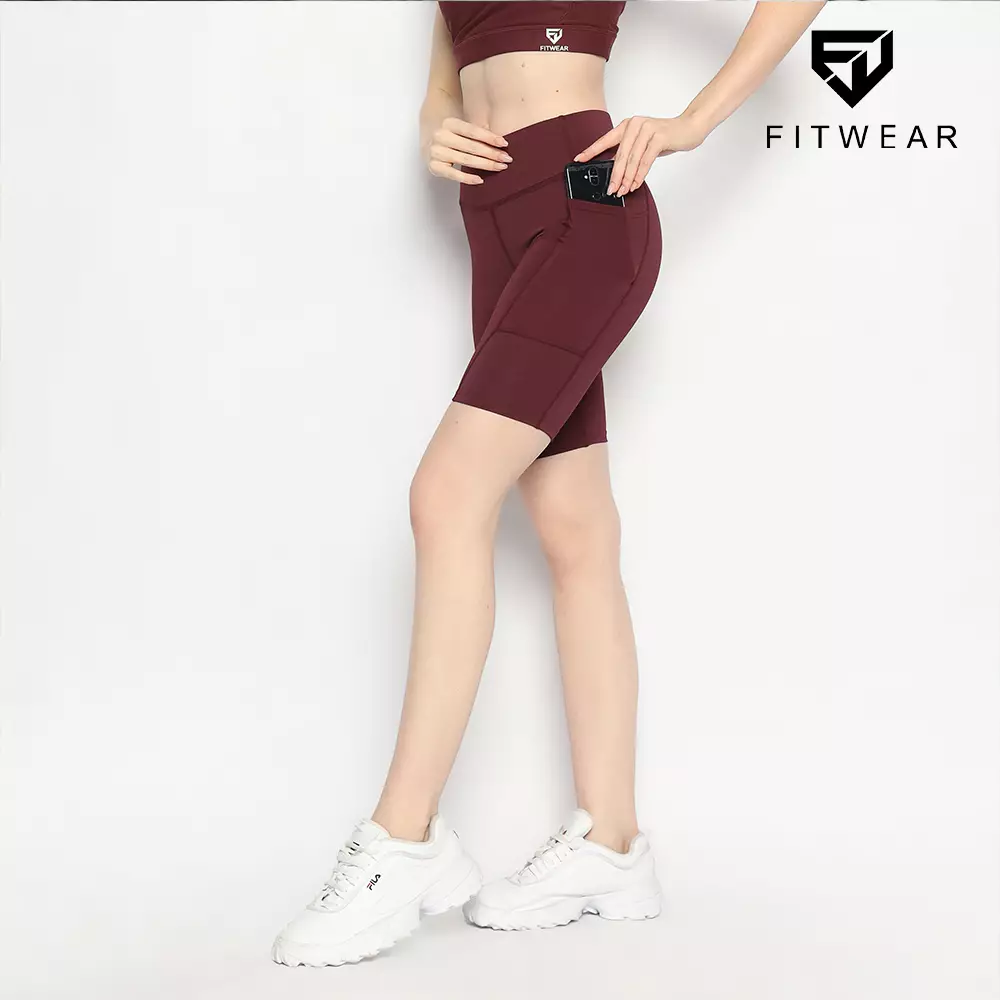 Fitwear - Celana / Legging Pendek Olahraga Wanita KARINA BASIC POCKET MEDIUM WAIST - BURGUNDY