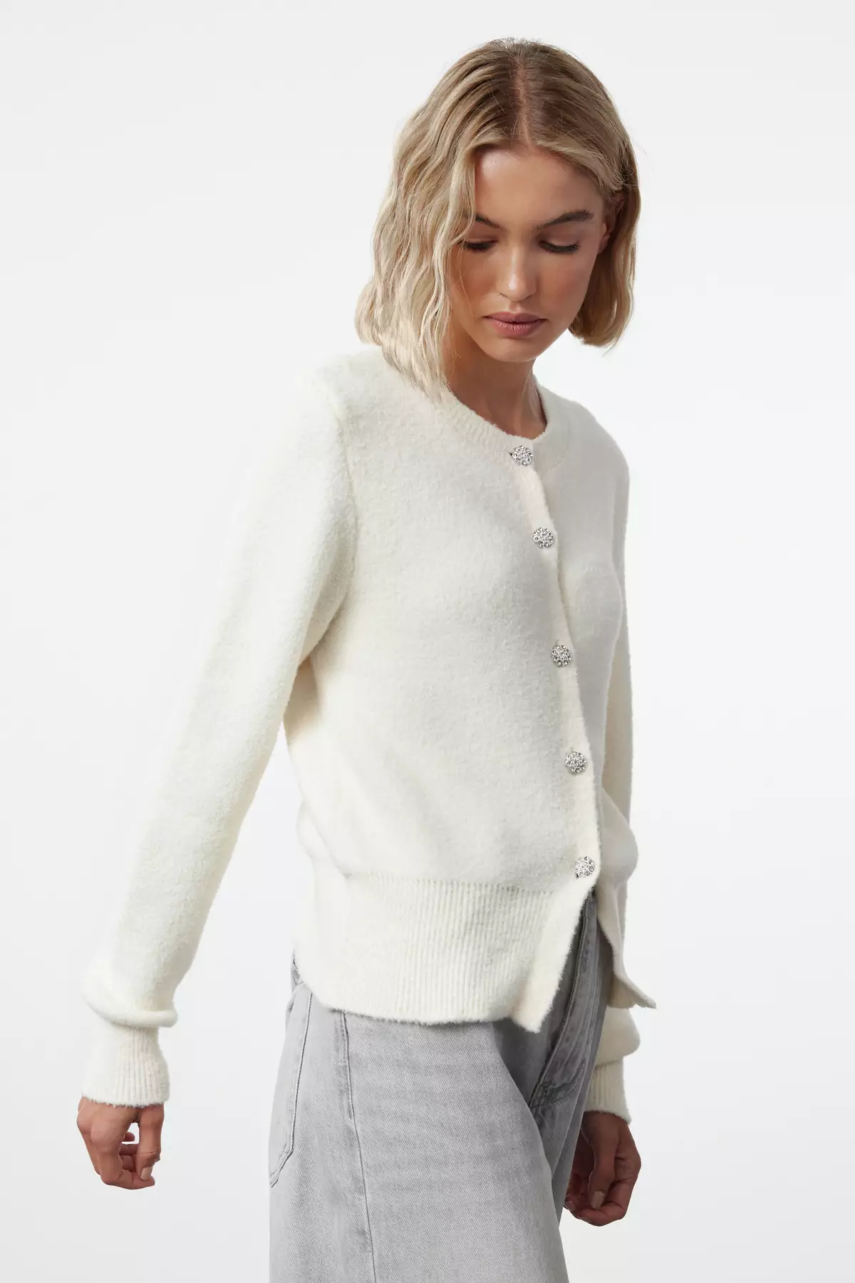 Ecru Extra Soft Textured Knitted Cardigan TWOAW25HI00119