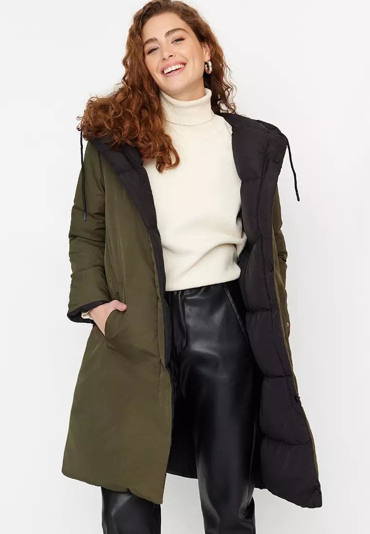 Black-Khaki Double Sided Hooded Water Repellent Long Puffer Jacket TWOAW23MO00052