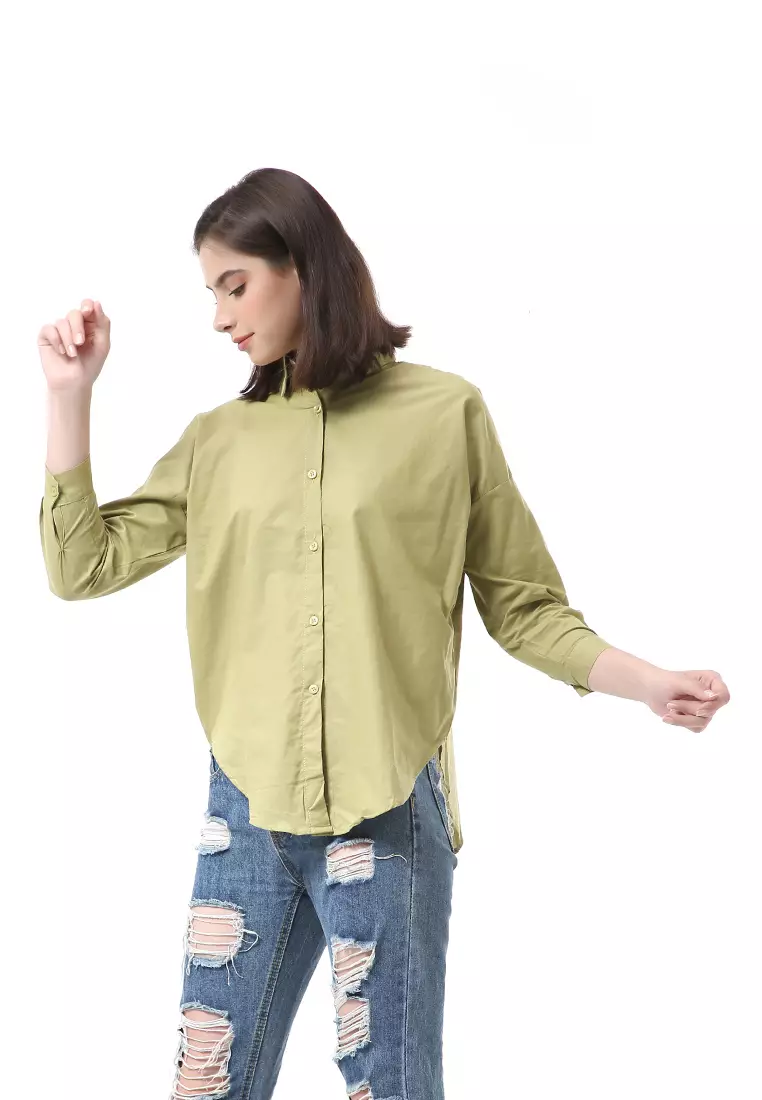 Brielle Atasan Wanita Kemeja Kasual Lengan Panjang Detail Silang Bagian Belakang Material Cotton ORIGINAL - Sage