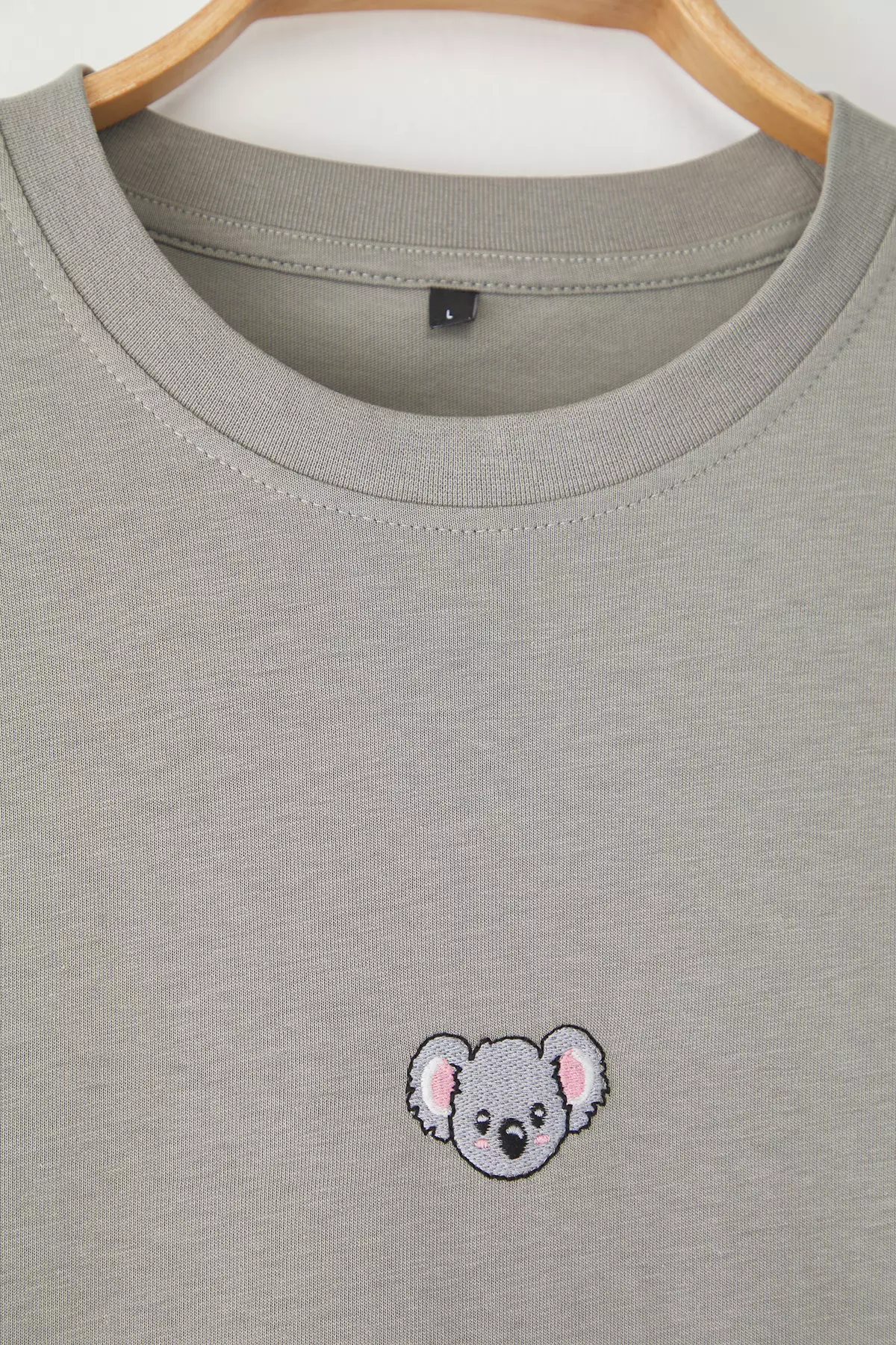 Gray Oversize Koala Embroidered 100% Cotton T-Shirt Tmnss23Ts00243