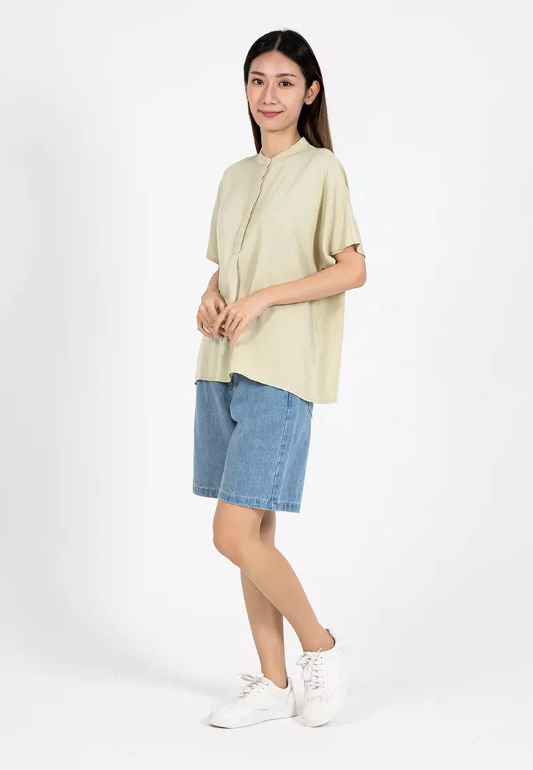 Forest Ladies Rayon Lyocell Band Collar Plain Blouse Women Short Sleeve Blouse - 822415-42LtGreen