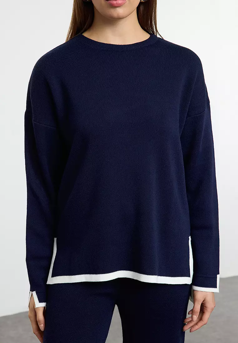 Navy Blue Wide Cut Contrast Color Knitwear Bottom-Top Set TWOAW24AU00062
