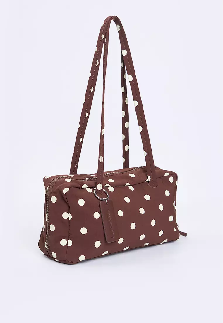 Nylon Polka Dots Bowler Shoulder Bag with Leather Charm