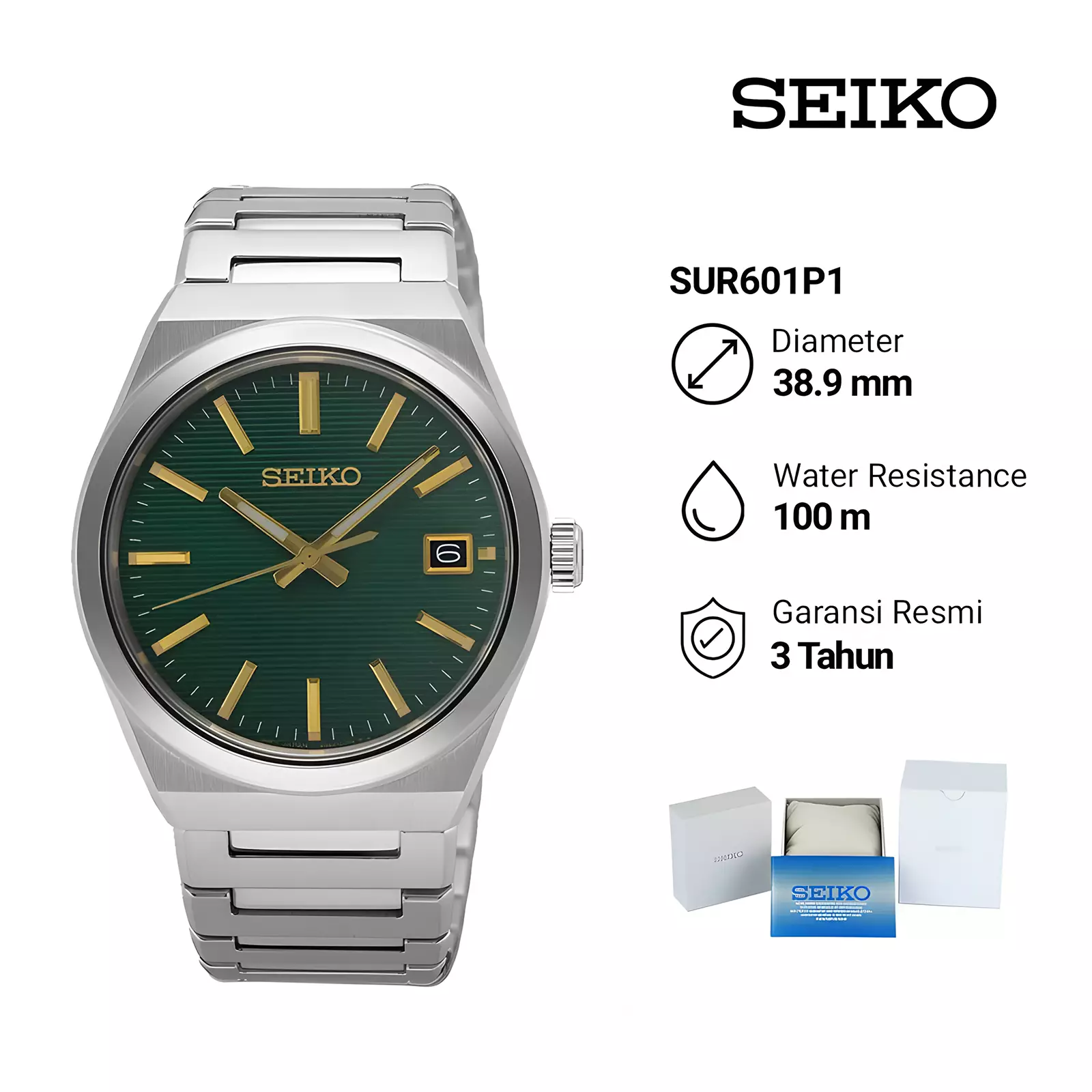Seiko Quartz - Jam Tangan Analog Pria - Silver Green - Stainless Steel - SUR601P1