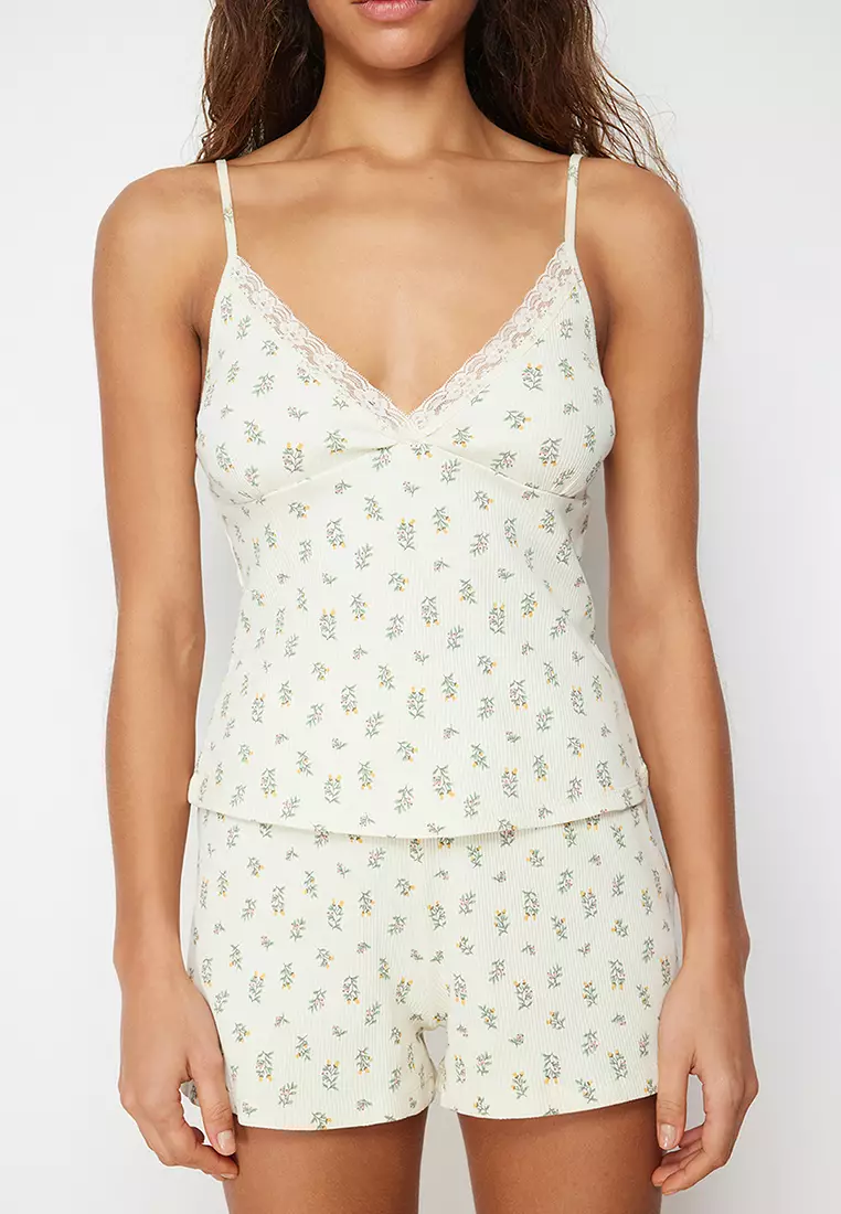 Ecru Floral Lace Rope Strap Ribbed Shorts Knitted Pajama Set