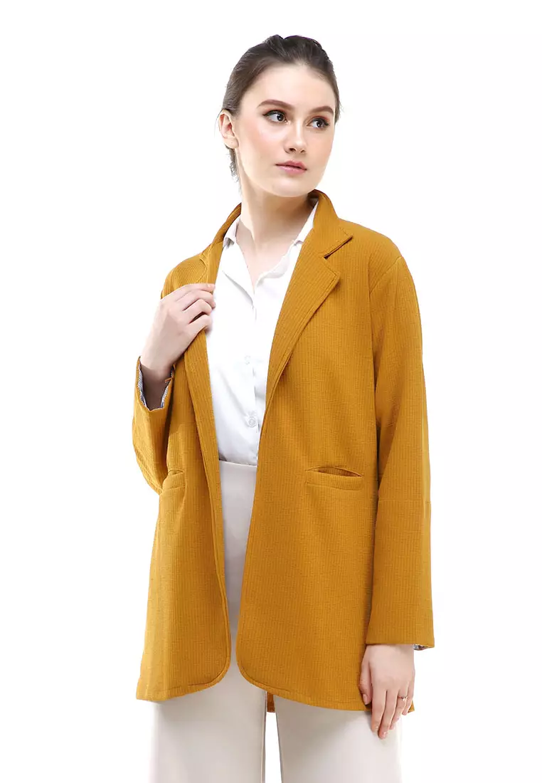 Qemsya Blazer Wanita Two Pockets Two Tone Casual Longsleeve Outer Material Bubbly Strecth ORIGINAL - Mustard