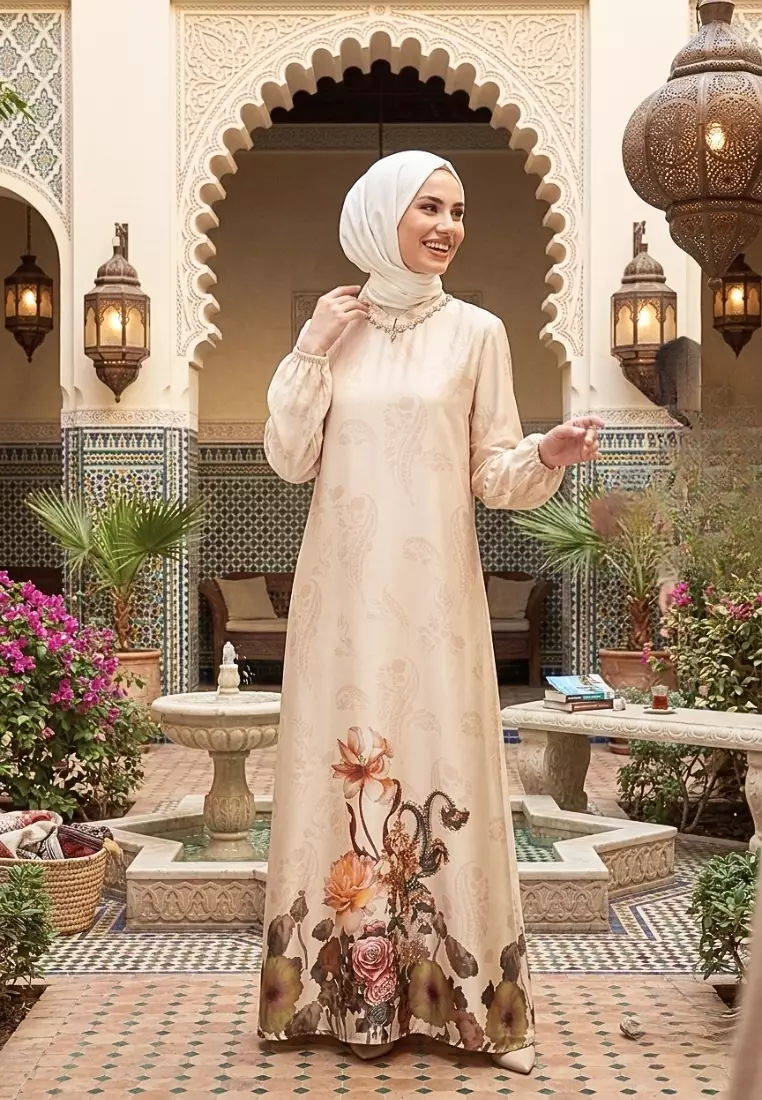 Gamis Wanita Motif Floral Elegan warna Cream Dress Muslimah Premium Lengan Balon Style Turki By Brilliant Girl Warna CREAM