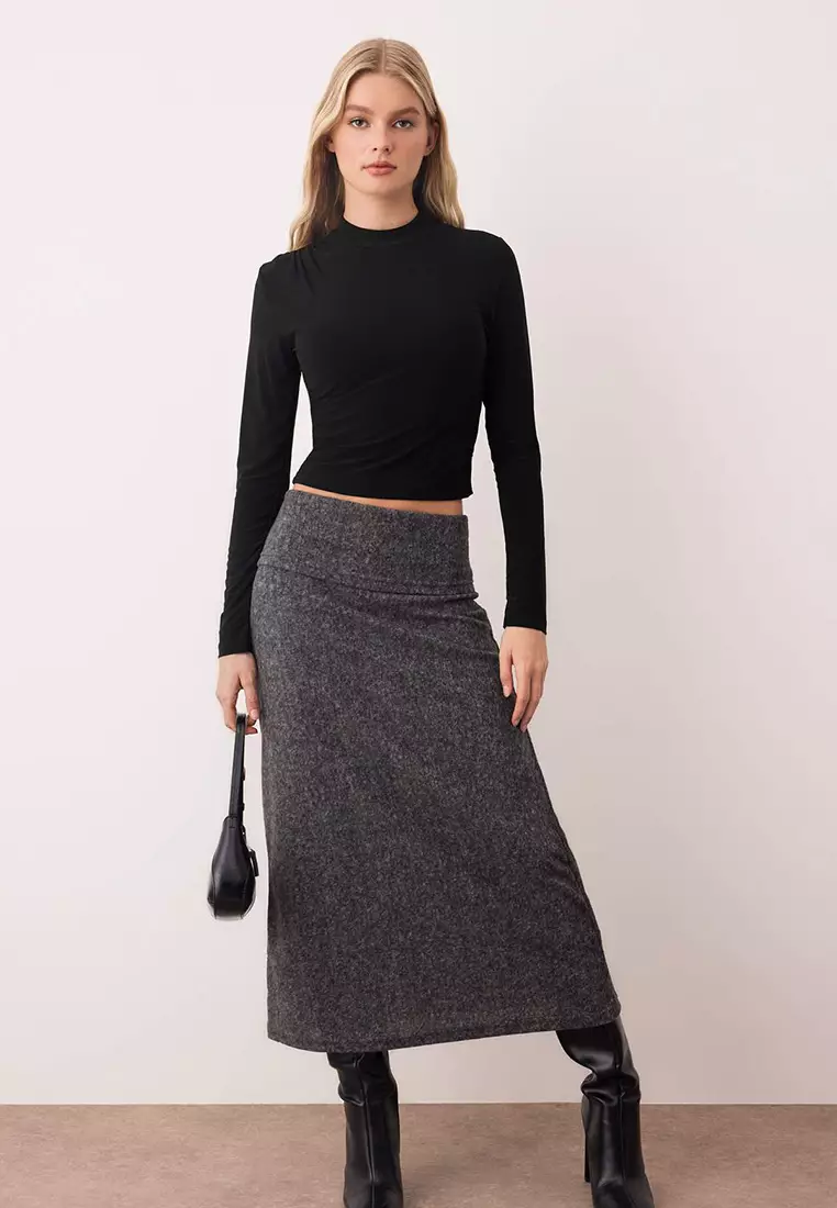 Anthracite Melange A-Line/Flare Cut Waist Folded Knitted Skirt