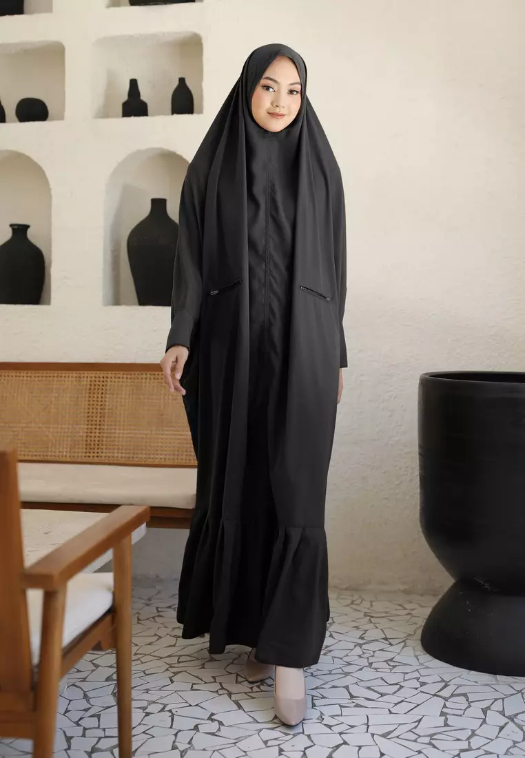 Zelena - Yasmina Abaya Set | Set Dress Khimar Ruffle - Jet Black