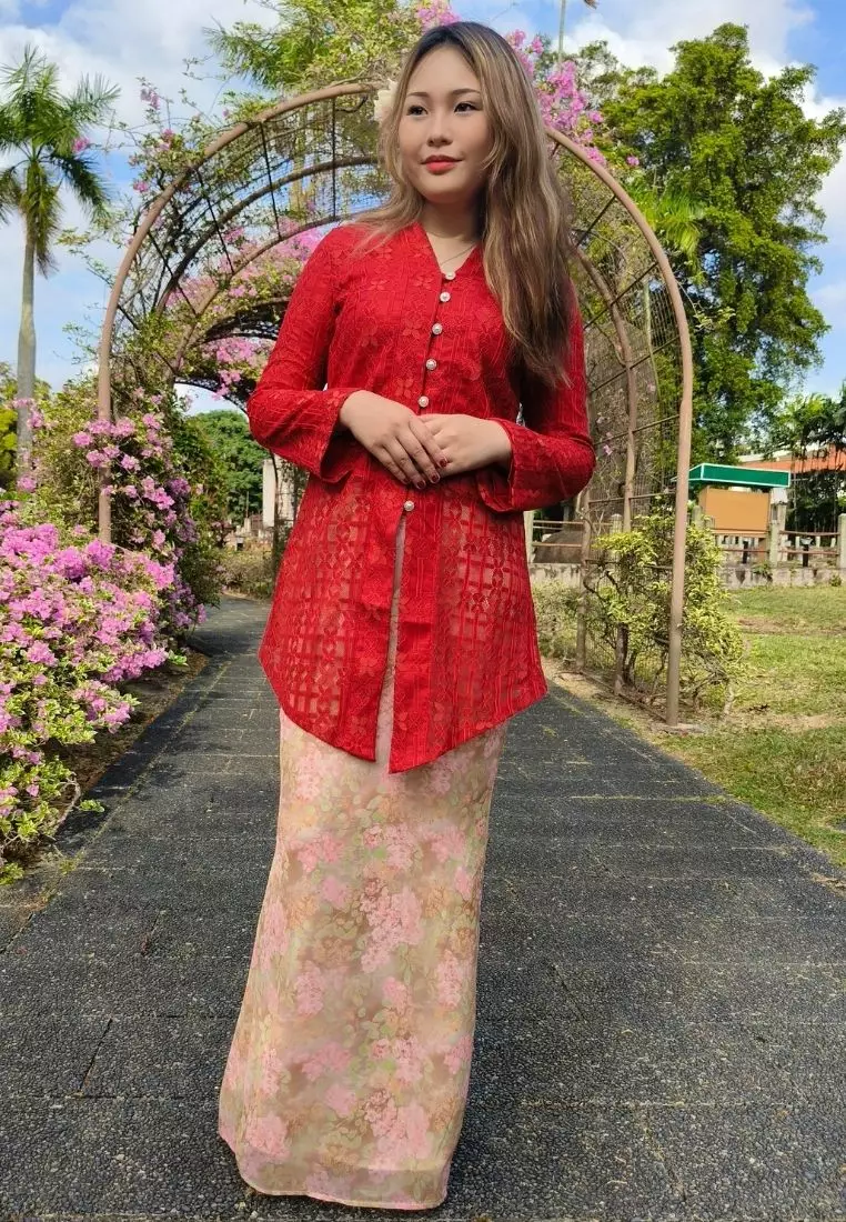 Loveaisyah Red Checkered Lace Kebaya Top & Floral Chiffon Skirt Hari Raya
