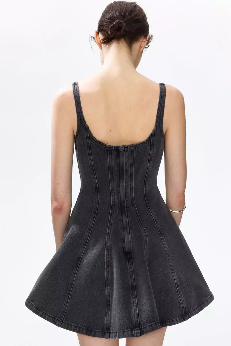 Flared-skirt denim dress