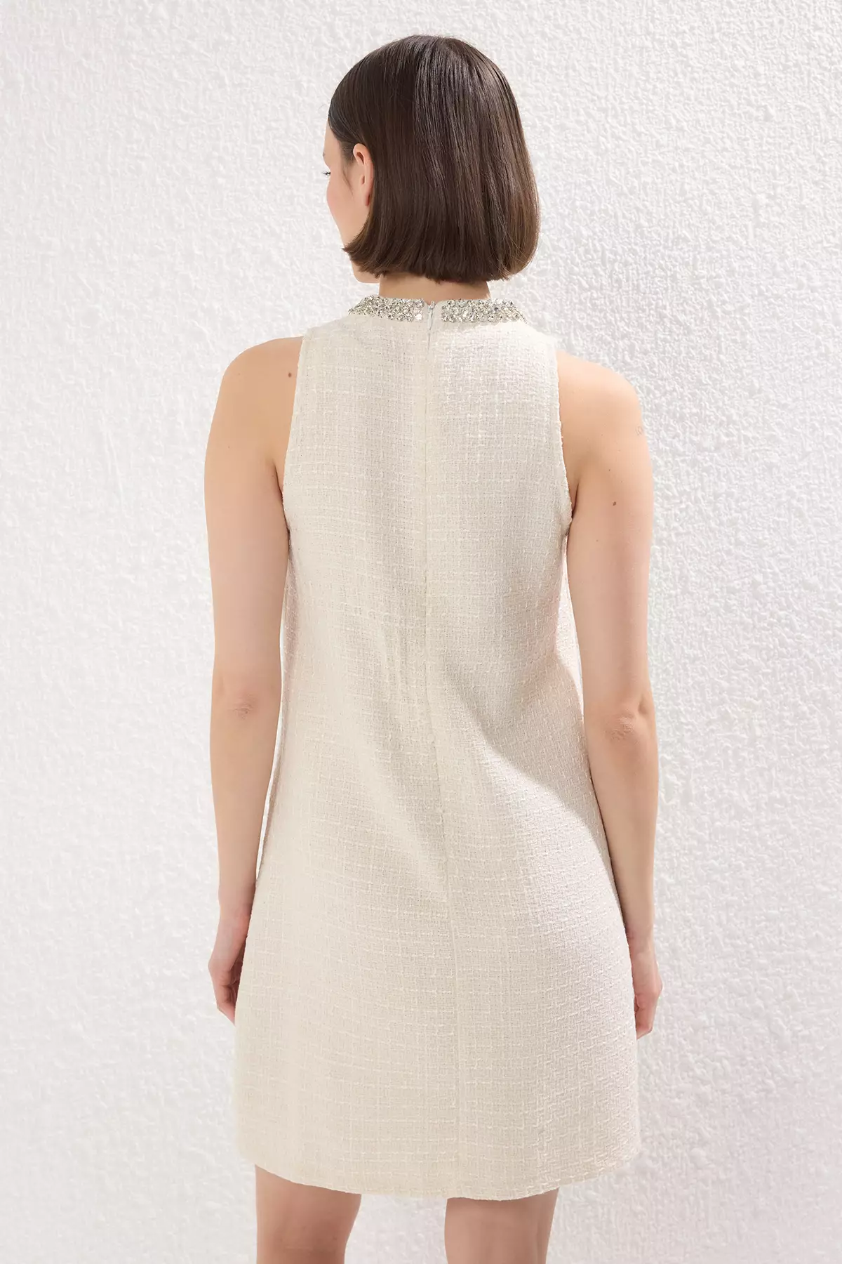 White Stone Embroidery Detailed Lined Thin Tweed Mini Woven Dress TWOSS25EL00754