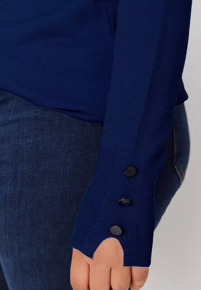 Navy Blue V Neck Button Detailed Knitwear Sweater Tbbaw23An00043