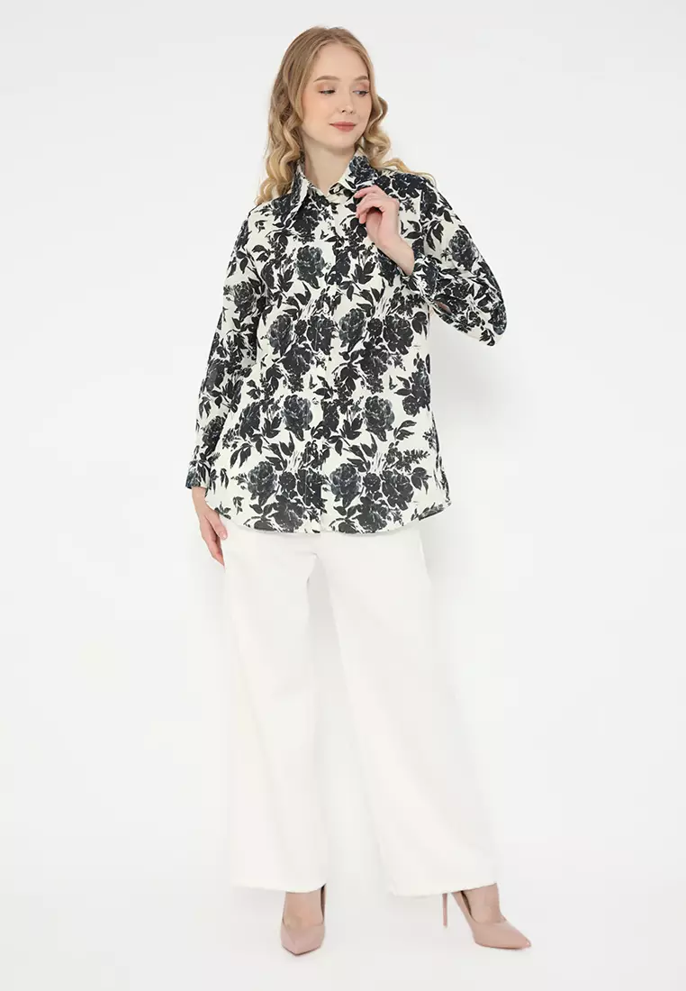 Cotton Shirt With Rose Pattern In White By Brilliant Girl Warna PUTIH