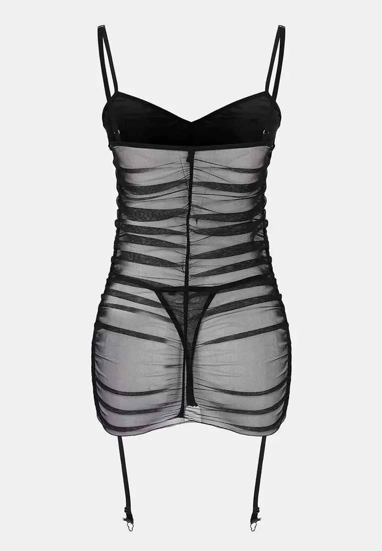 Black Garterless Satin And Tulle Back Sheer Panty Babydoll/Fantasy Nightgown