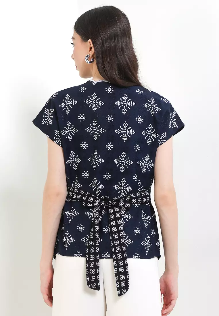 Blouse Batik Cap Dobby Atasan Wanita Spesial JFW Collection Binar Andara Katun Bordir Embro Navy