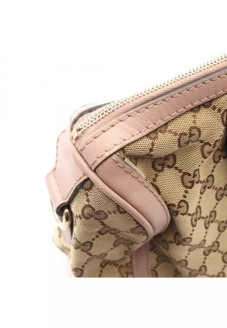 Pre-Loved Gucci webbing line GG canvas 2WAY Handbag mini boston bag canvas leather beige pink beige