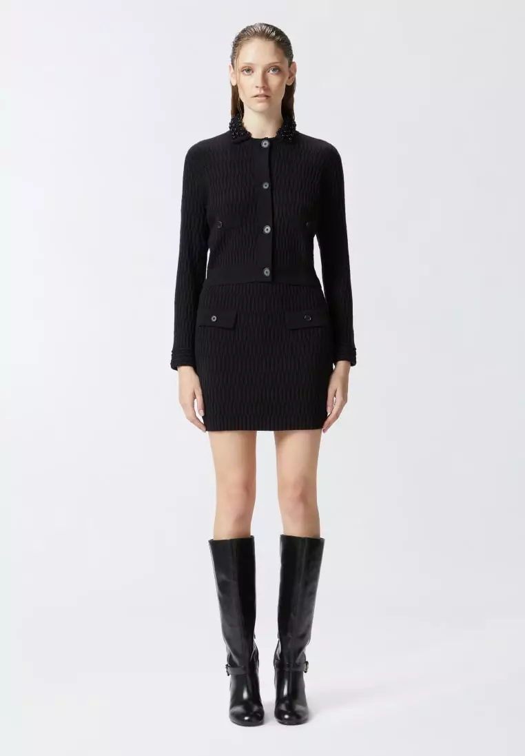Short knit jacket with beaded crocheted collar