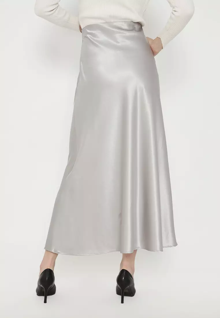Long Skirt Satin In Grey By Brilliant Girl Warna ABU-ABU