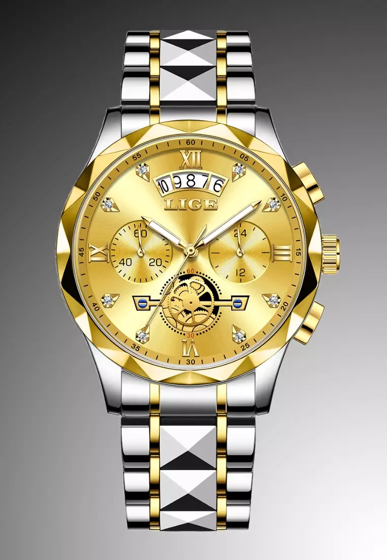 计时码表男女通用 IP 金色和不锈钢石英表，日期，不锈钢表带