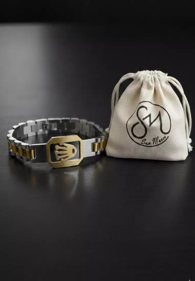 Aksesoris Gelang Pria Crown Rectangular Center Classic Design Stainless Steel Men's Bracelet Silver & Gold