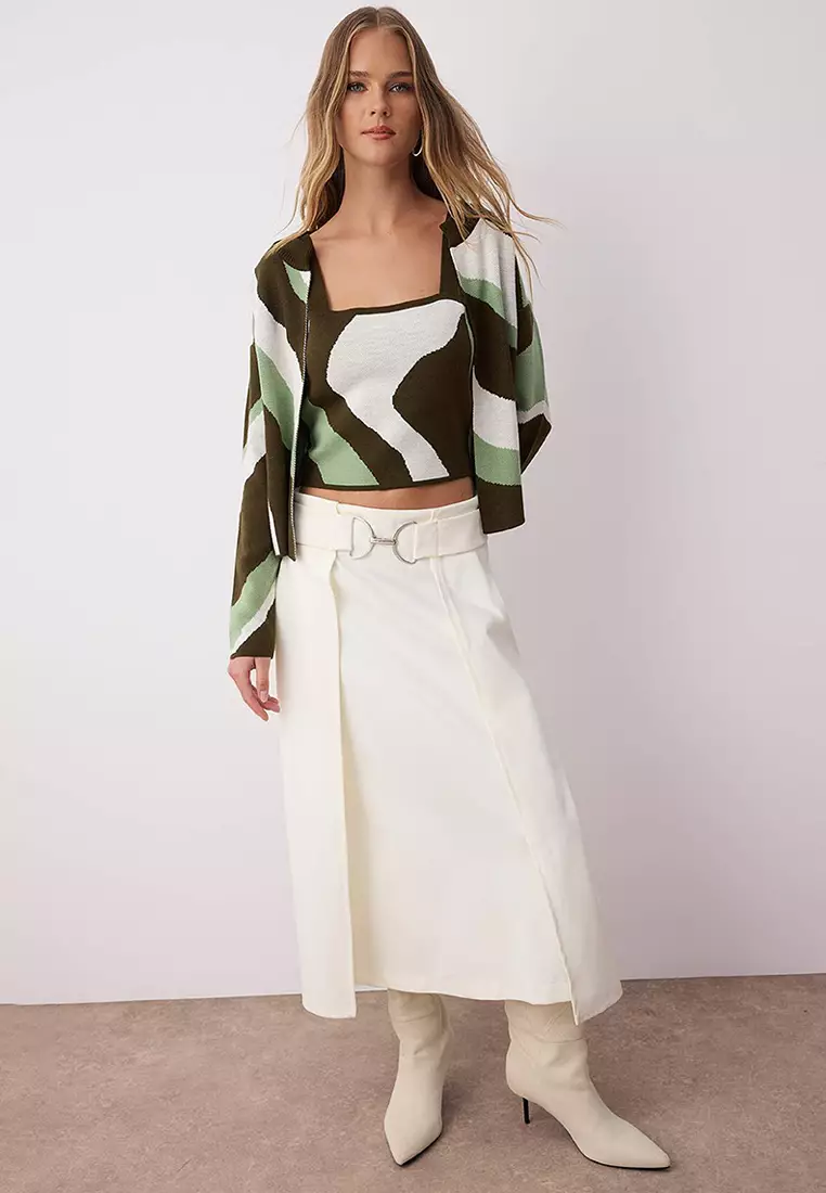 Green Patterned 2 Piece Blouse Cardigan Knitwear Cardigan