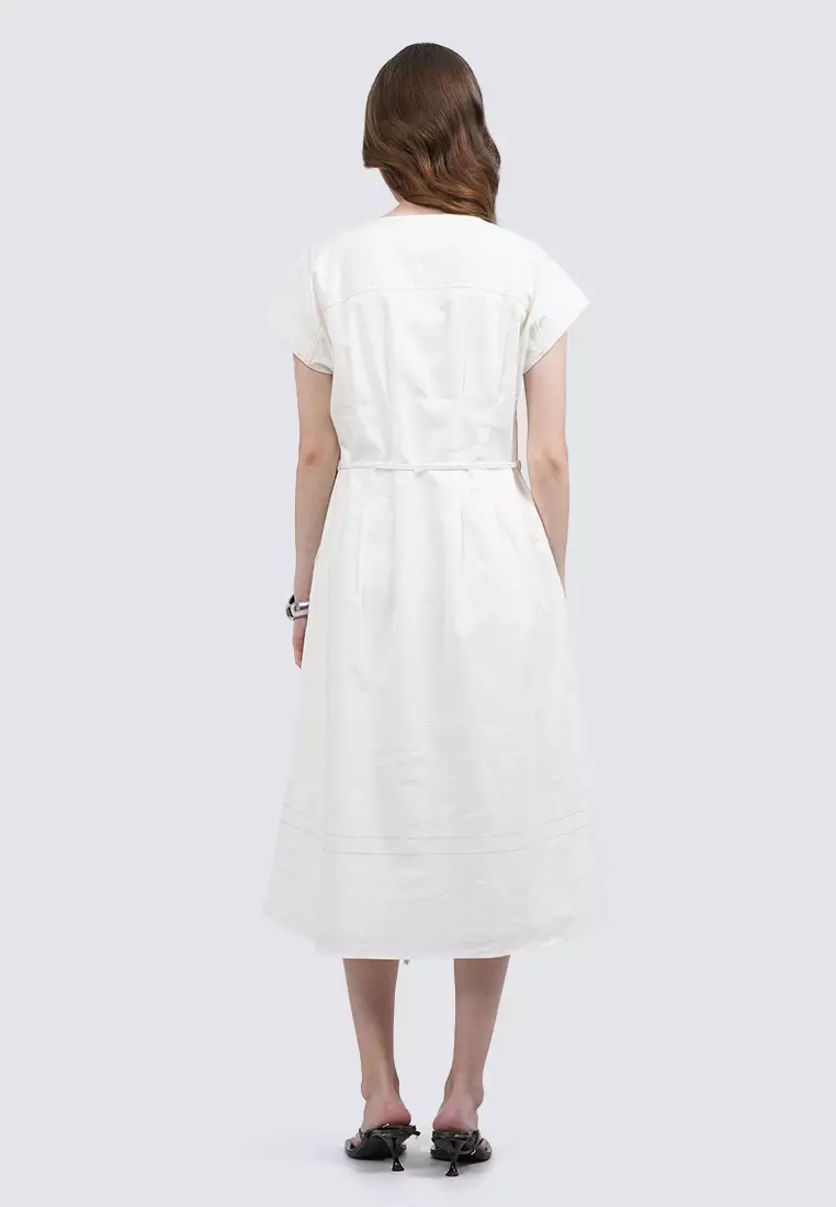 Round Neck Short Sleeve Midi Dress OFF WHITE